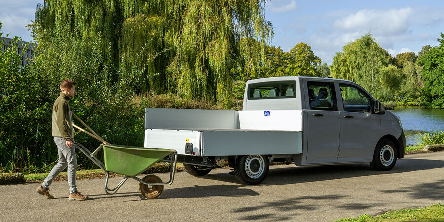 VW e-Transporter pick-up dubbele cabine rechtsachter kruiwagen